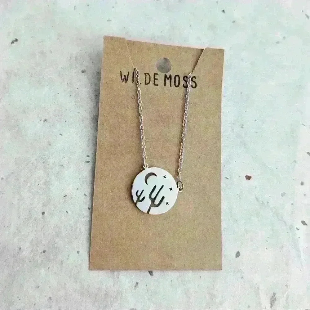 Silver Cactus Landscape Chain Pendant Necklace NEW Bohemian western